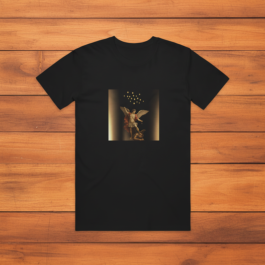 Black Archangel Michael tee on warm wooden slats