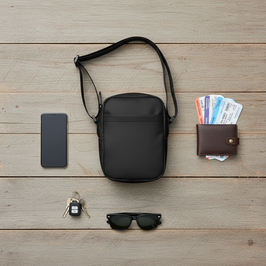 Black crossbody bag with everyday items and tickets on wooden background