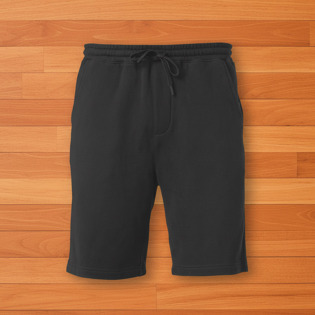 Black longer athletic shorts flat lay