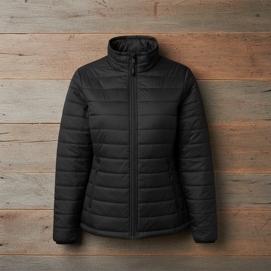 Black puffer jacket on wooden background