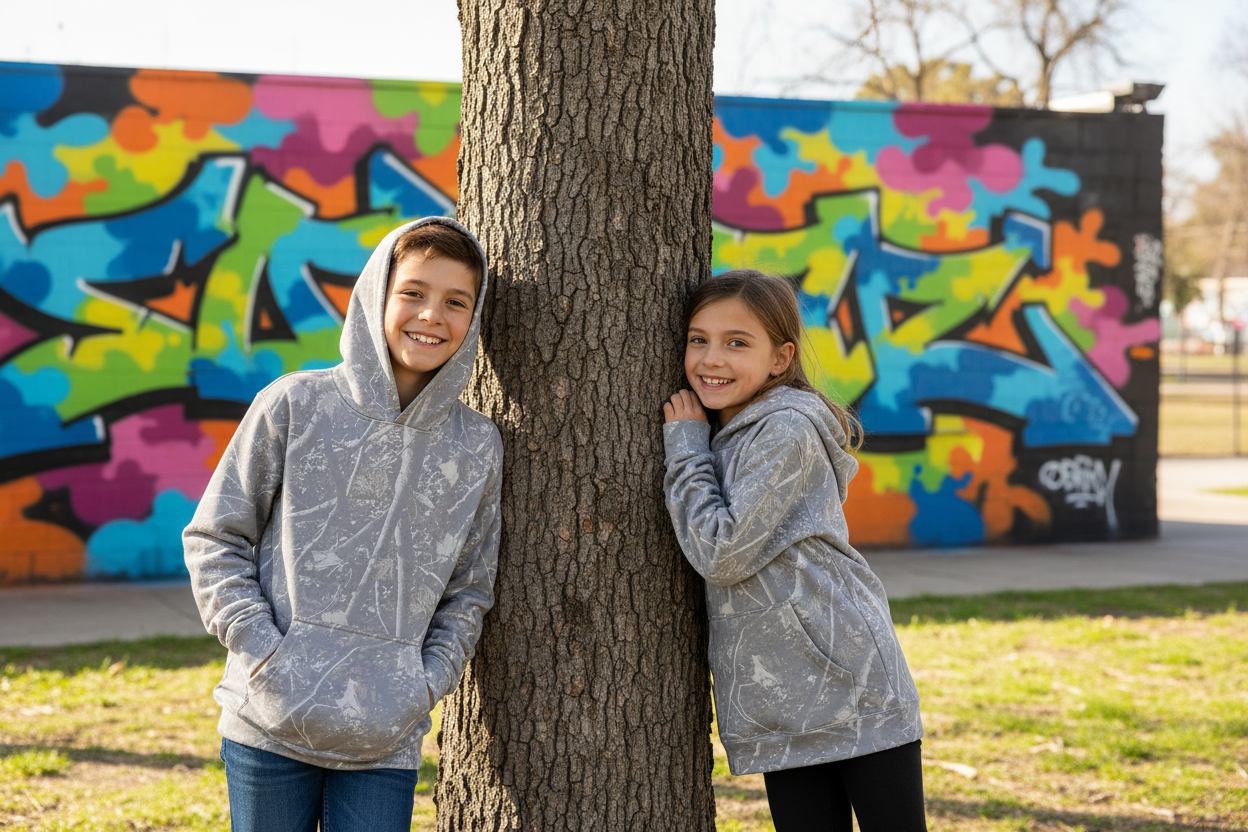 Boy and girl in camo hoodies on either side of tree with graffiti background