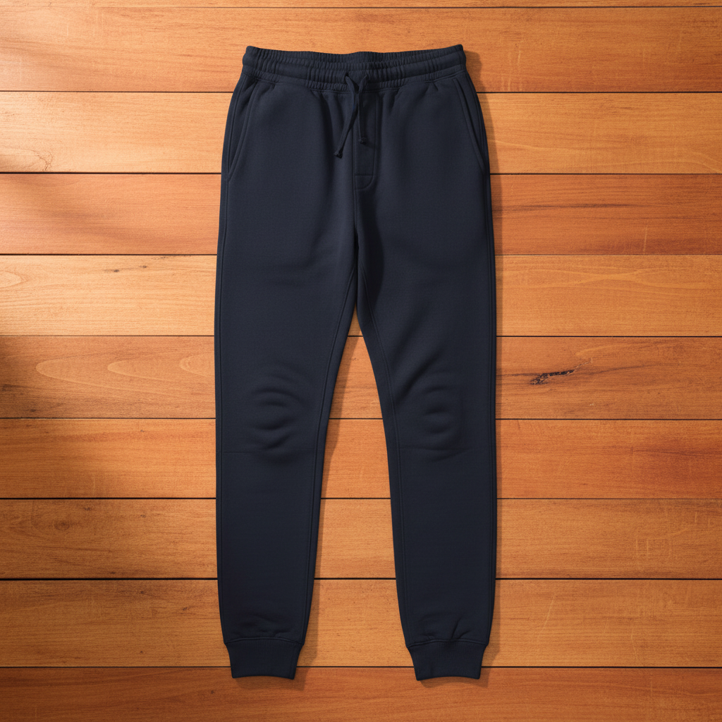 Classic navy joggers on warm wooden slats