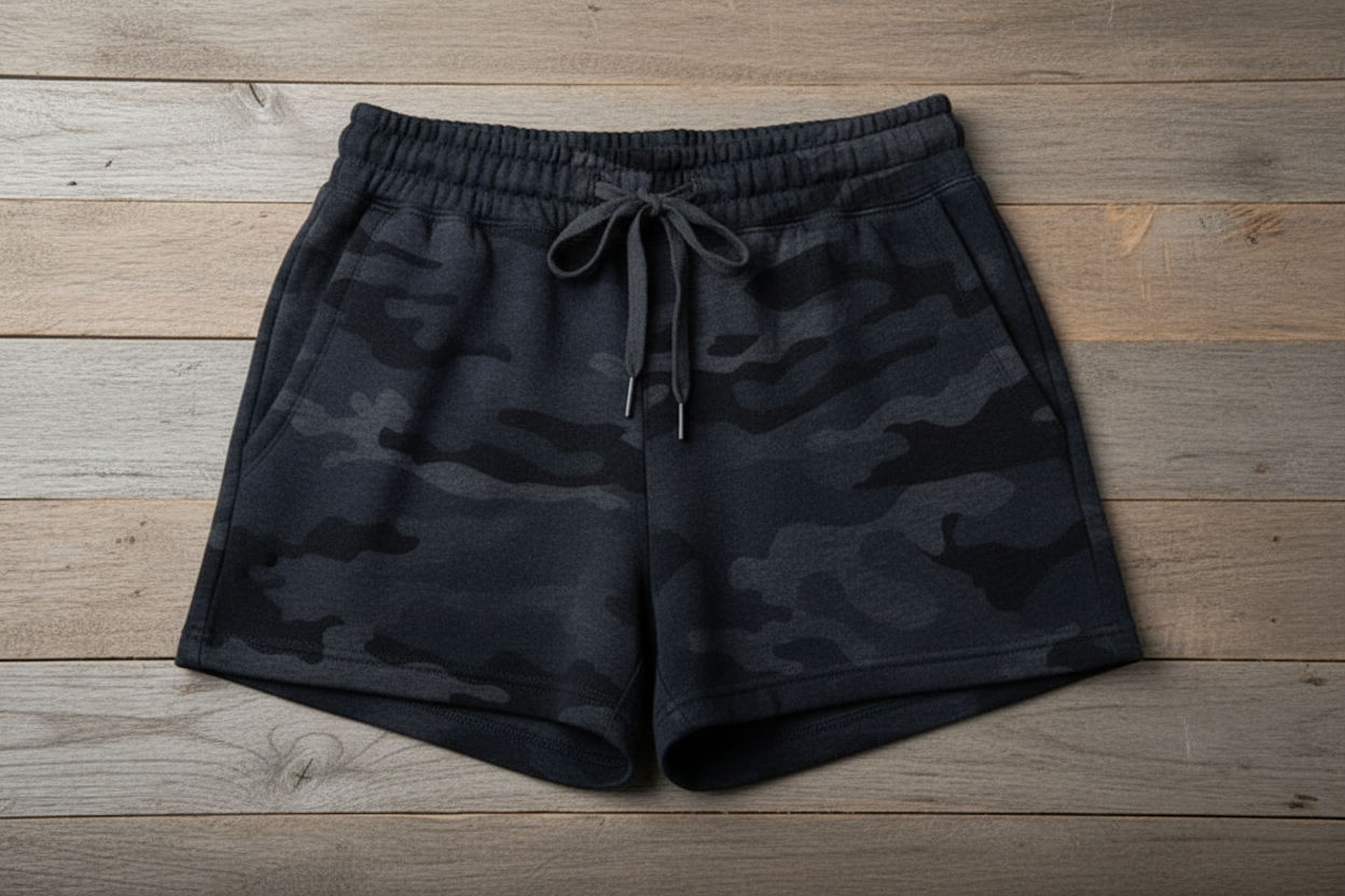 Dark navy black camo heather shorts on wooden background