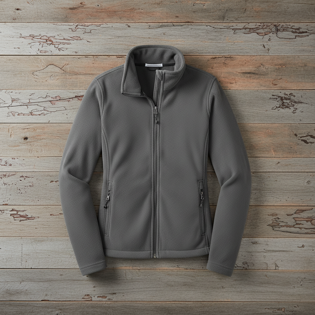 Deep smoke gray fleece jacket on wooden background