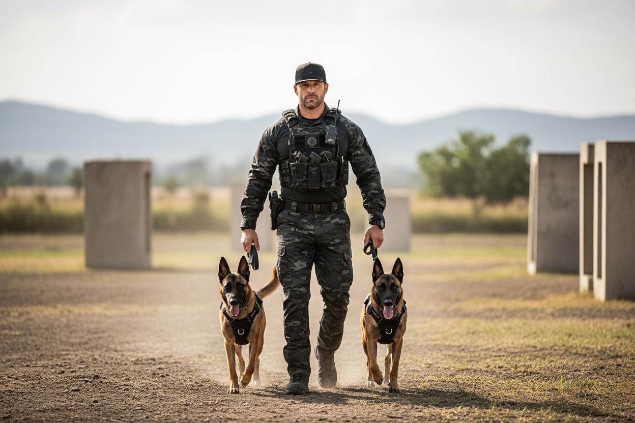 Dog trainer in tactical gear with dark camo hat and Malinois dogs