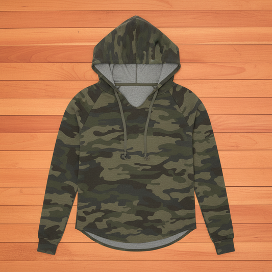 Fitted camo crop hoodie flat lay on orange slats