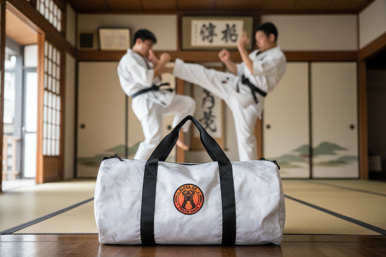 Fruitdog duffel bag in foreground with karate students sparring in background