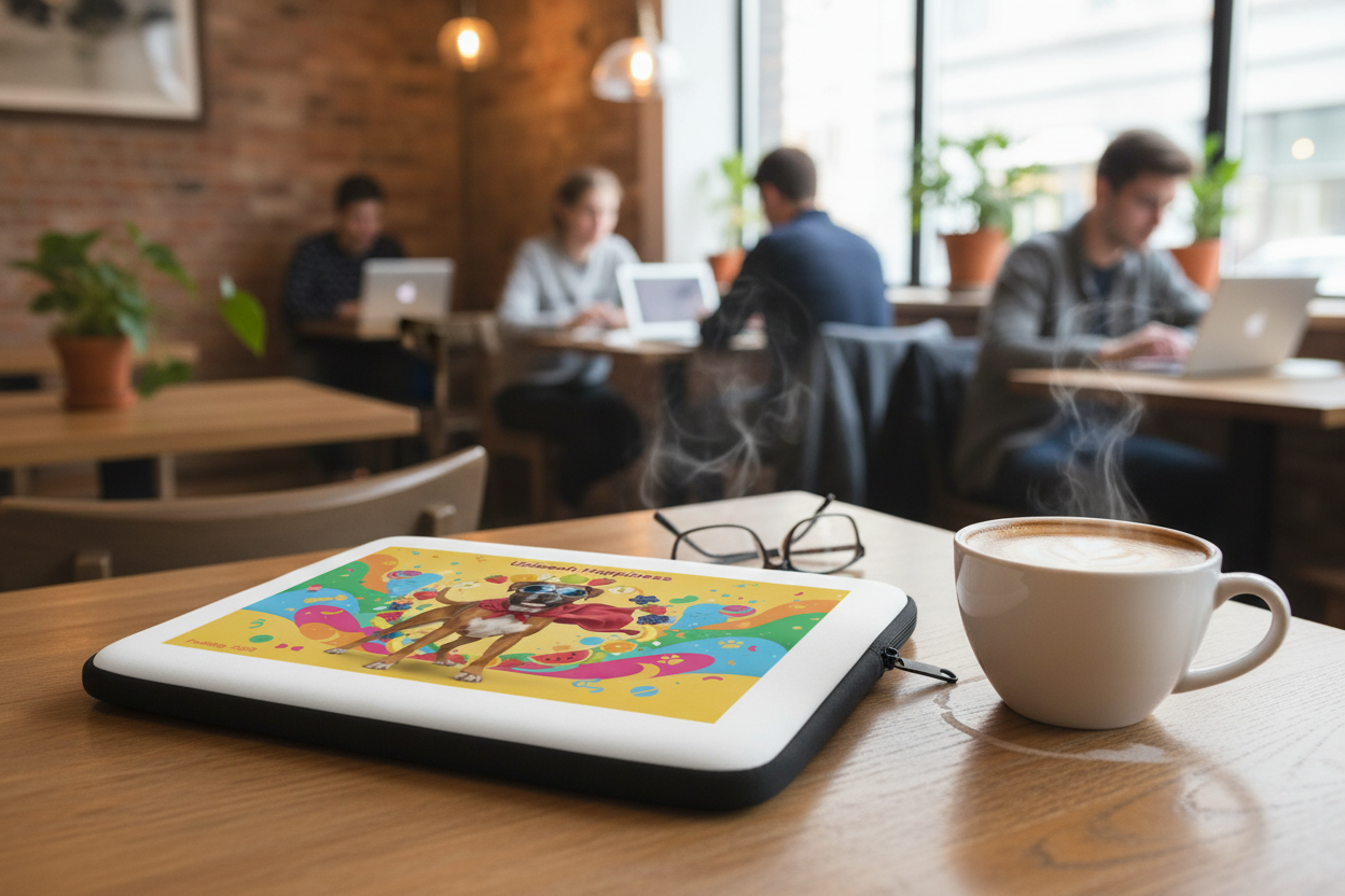 Fruitdog laptop sleeve on coffee shop table with coffee