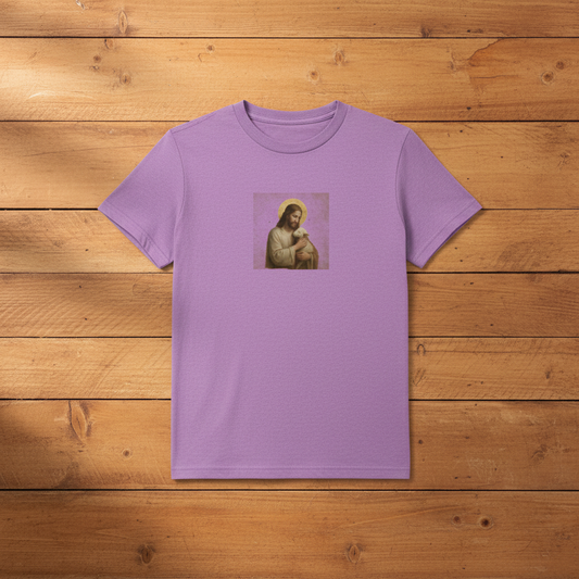 Heather cassis kids Jesus and Lamb tee on warm wooden slats