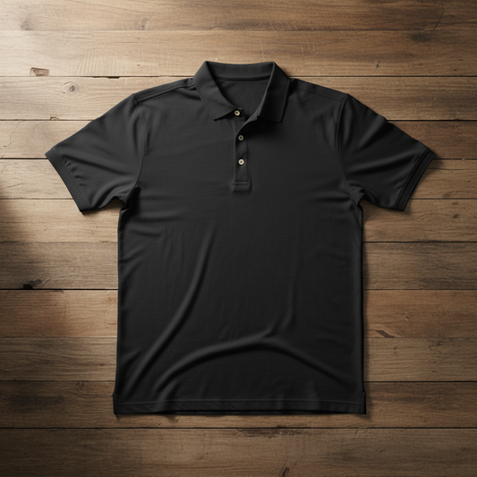 Heritage black polo - flat on horizontal wood slats