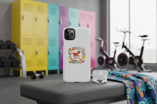 iPhone with Fruitdog case on gym bench with earbuds and towel