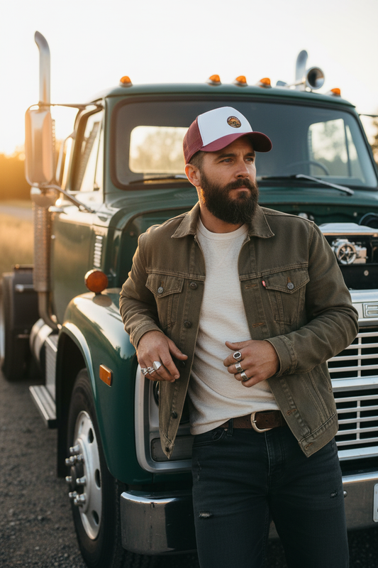 Man in Road Warrior trucker hat with clean vintage diesel truck