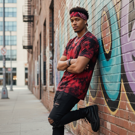 Man in urban setting wearing red black crystal tie dye with bandana