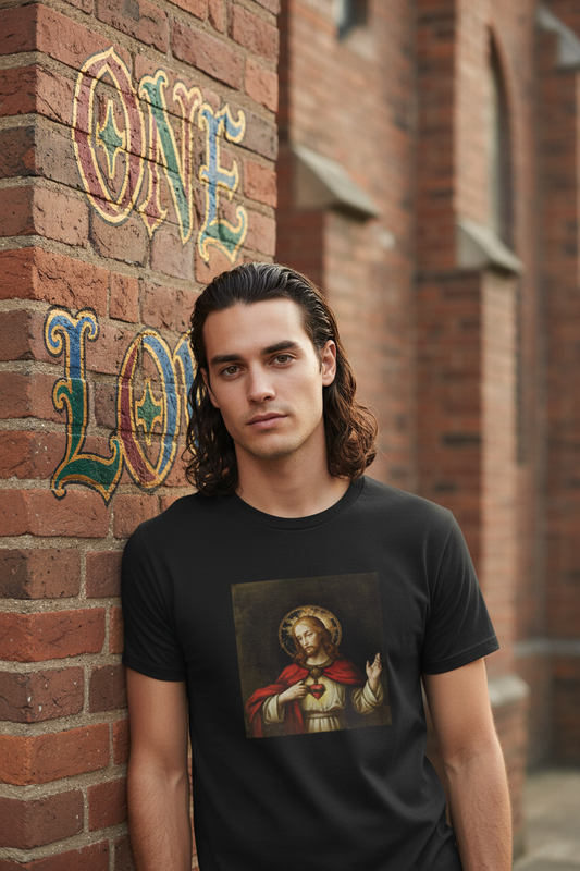 Man with flowing hair at brick church wall with one love
