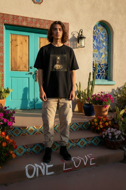 Man with long hair in Sacred Heart of Jesus tee at southwestern church