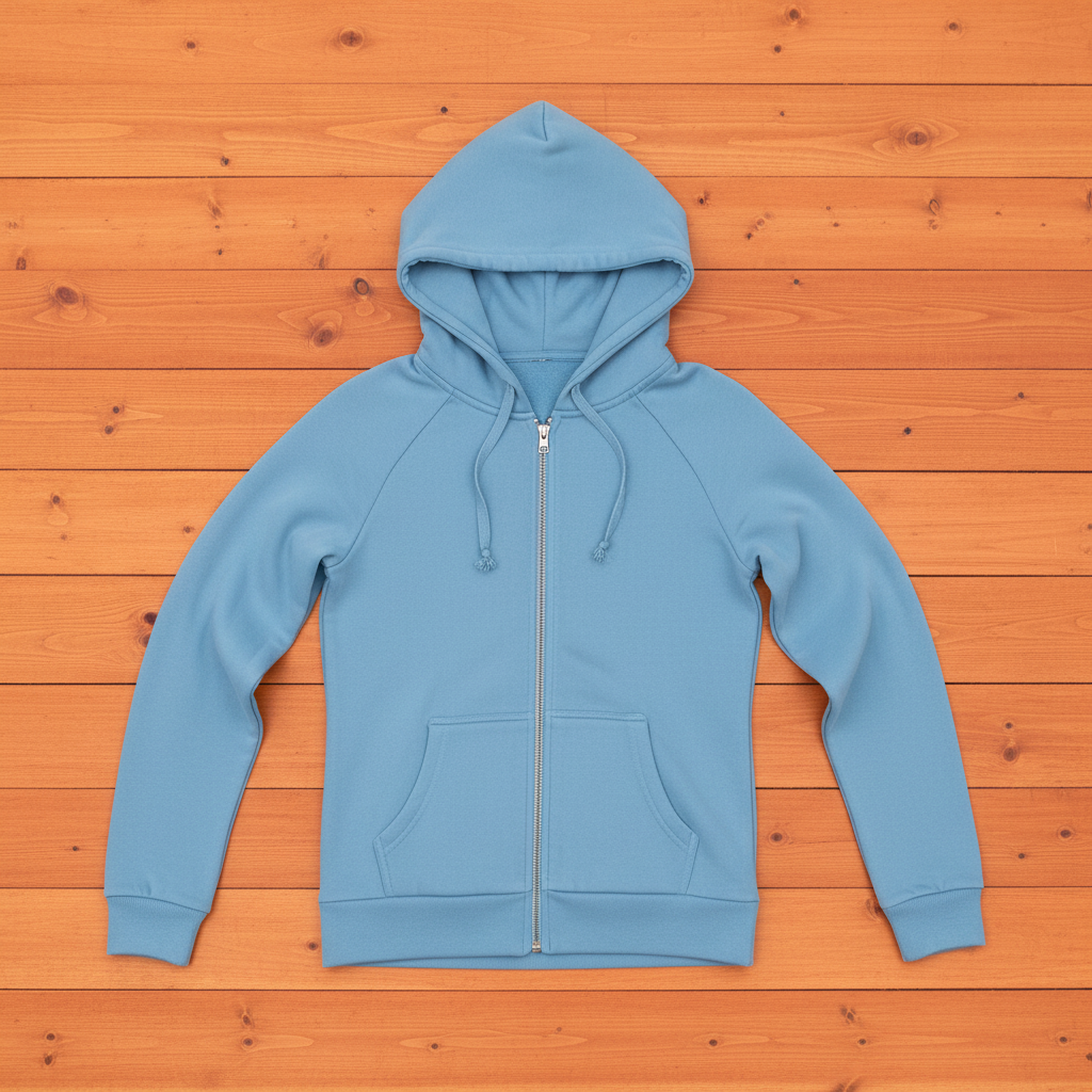 Misty blue zip-up hoodie flat lay