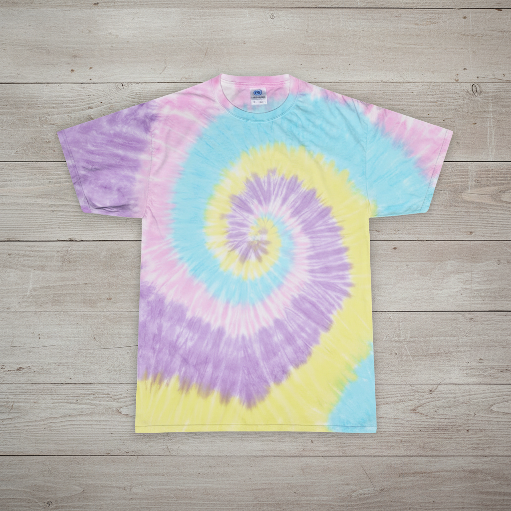 Purple blue yellow pink spiral tie-dye on wooden background