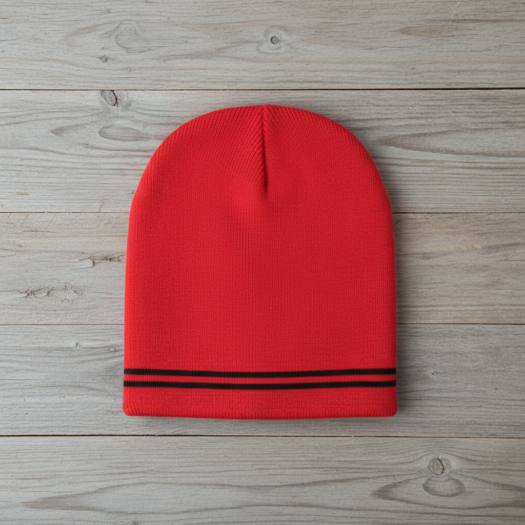 Red and black spectator beanie on wooden background
