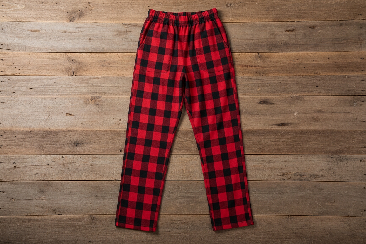 Red/black buffalo check flannel pants on wood