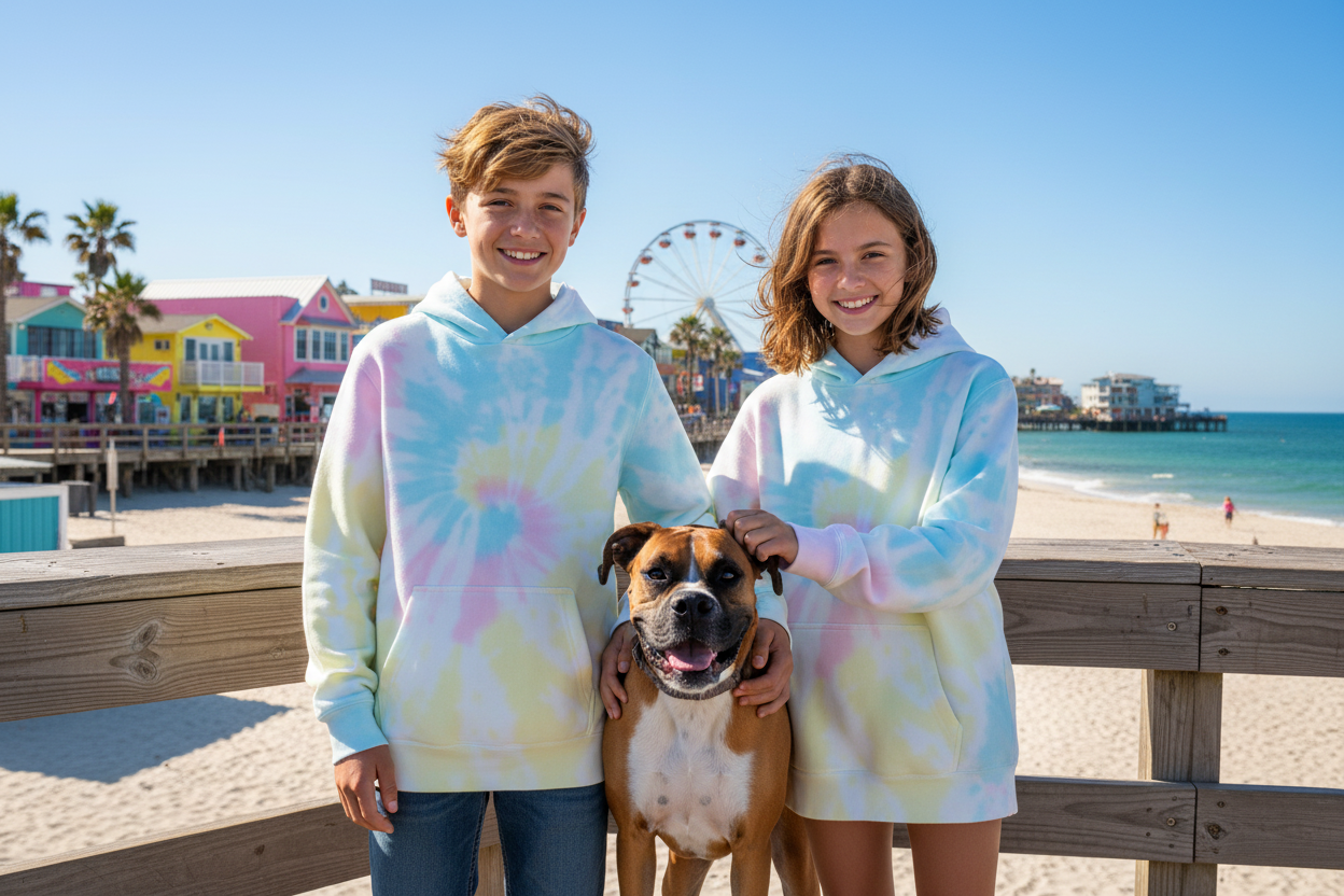 Slightly older boy and girl on beach boardwalk with boxer