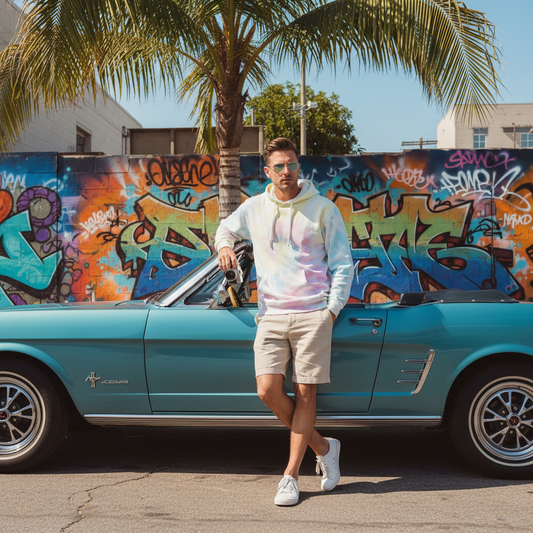 Square format with visible palm fronds - Man in sunset swirl hoodie