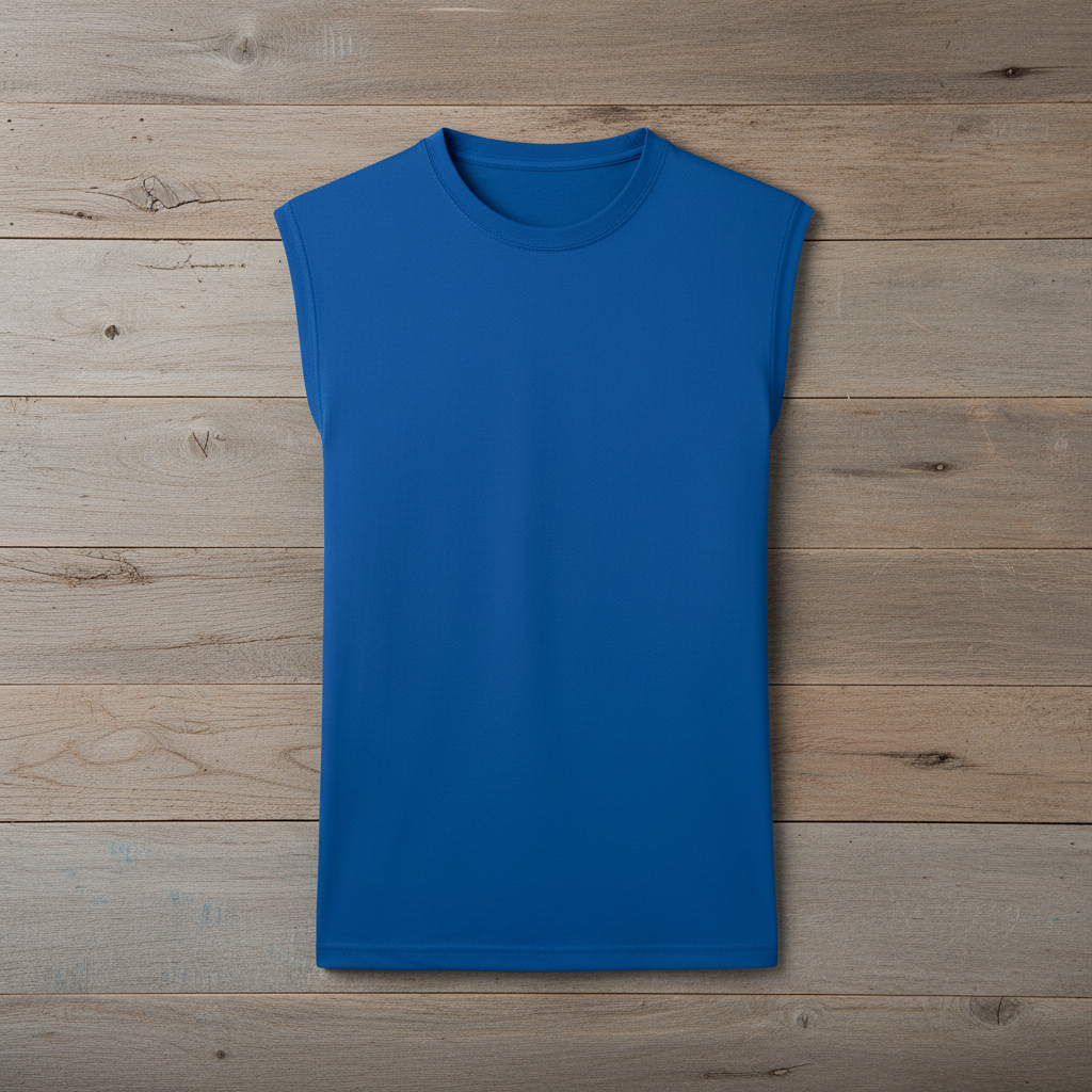 True Royal blue sleeveless tee on wooden background