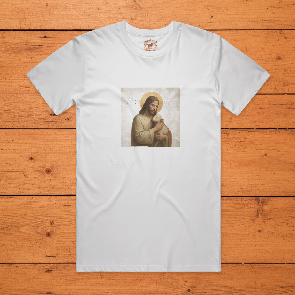 White adult Jesus and Lamb tee on warm wooden slats