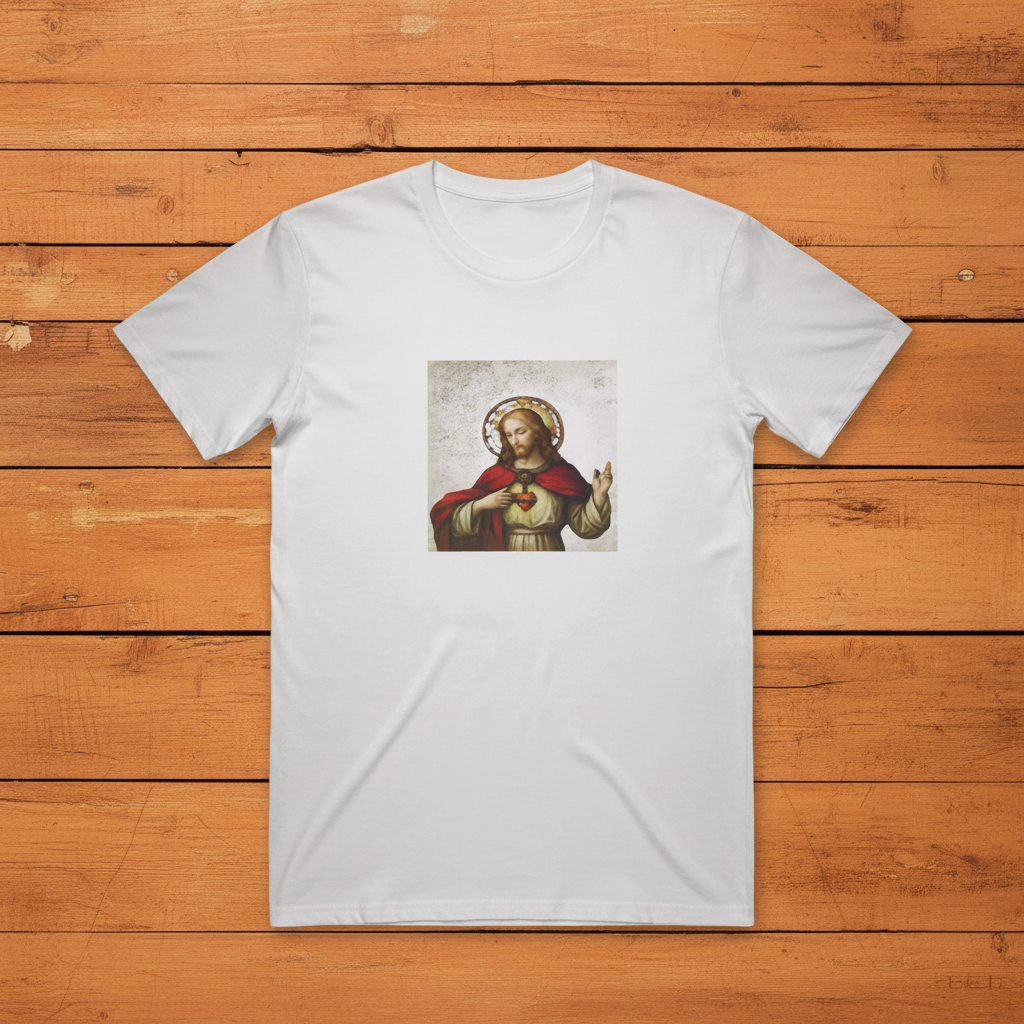 White classic Divine Jesus Sacred Heart tee on warm wooden slats