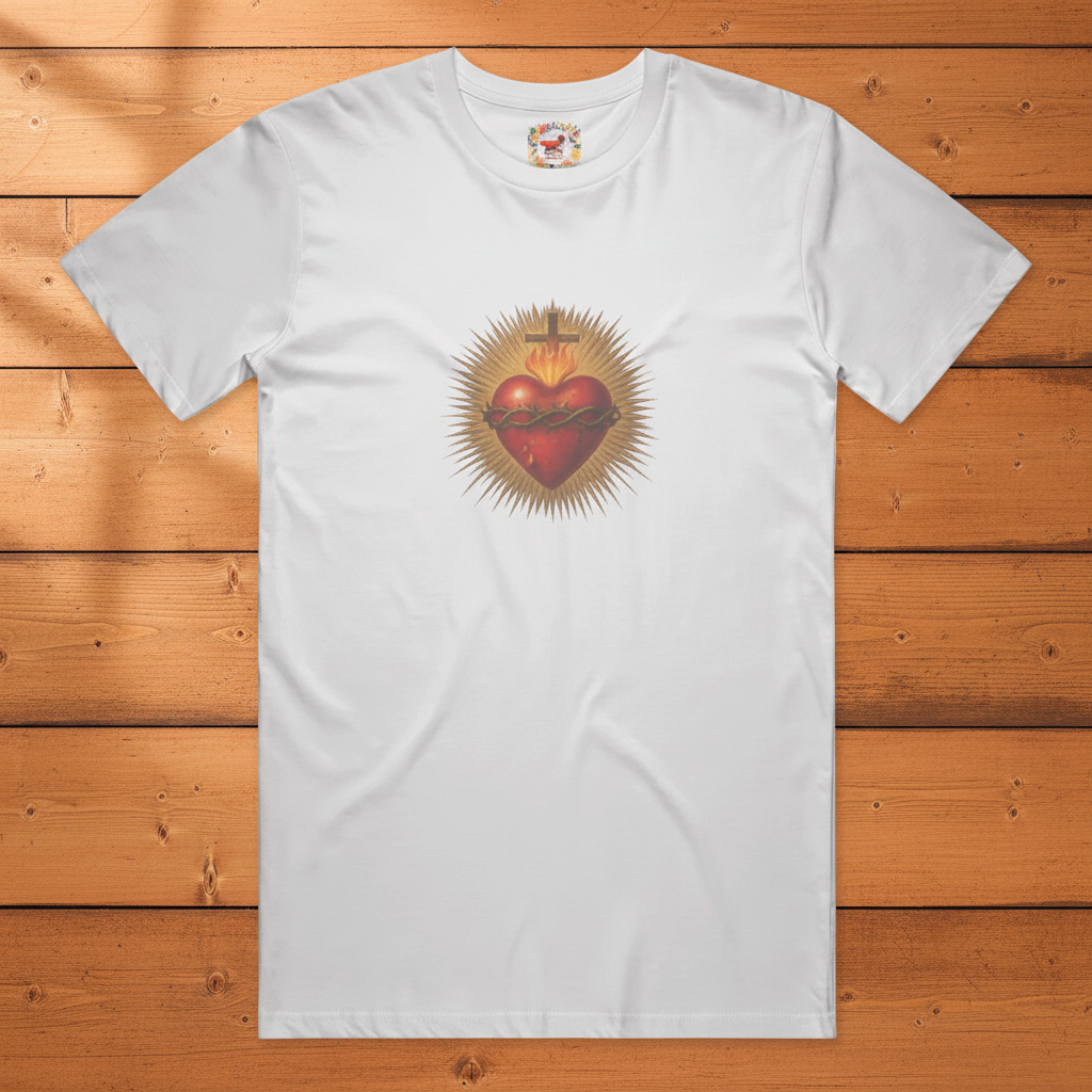 White Sacred Heart tee on warm wooden slats
