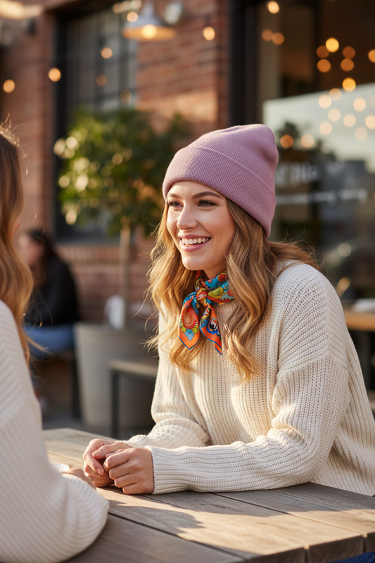 Woman at coffee shop in pink beanie