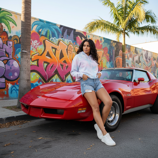 Woman in pastel tie-dye crop hoodie with red Stingray