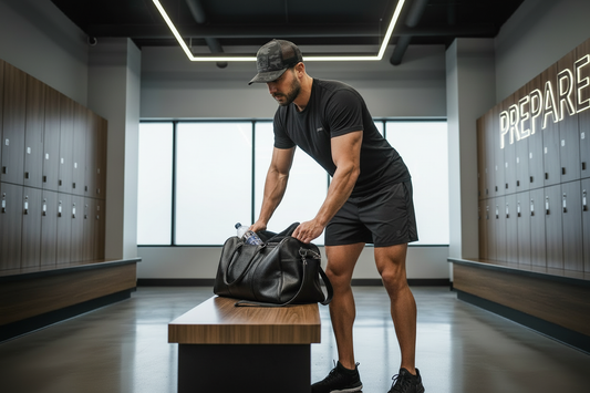 Athletic gym bro in black shirt and regular shorts with black camo hat in bright locker room
