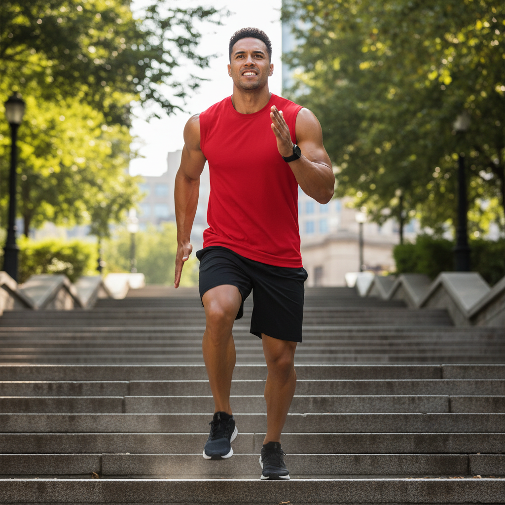 Athletic man running stairs in red sleeveless tee