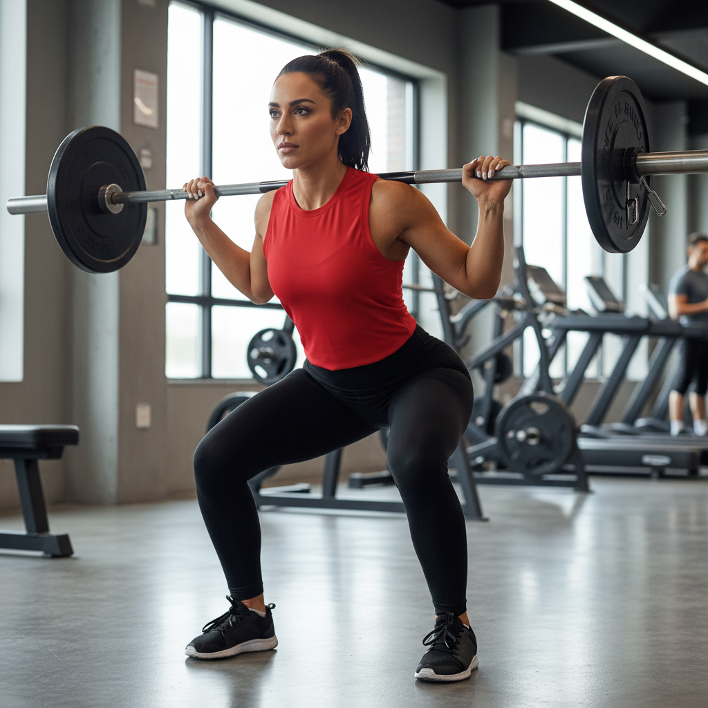 Athletic woman at gym wearing red performance tank top