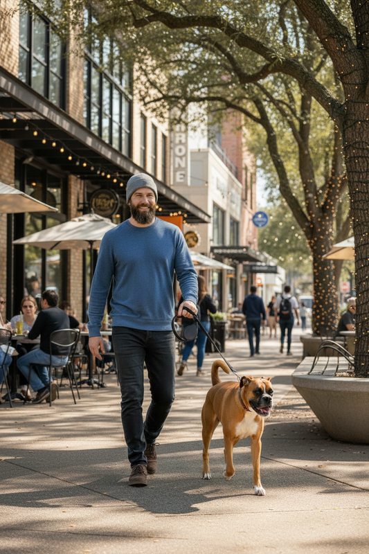 Bearded man walking boxer on trendy restaurant street