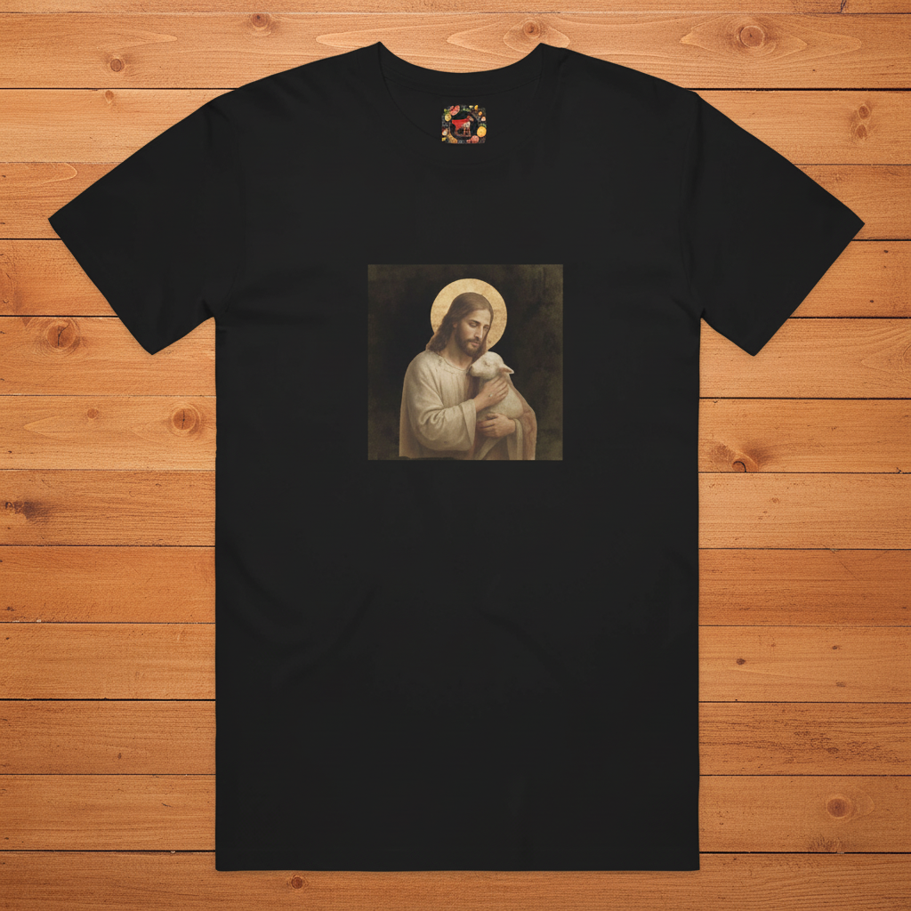 Black adult Jesus and Lamb tee on warm wooden slats