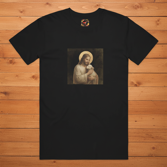 Black adult Jesus and Lamb tee on warm wooden slats