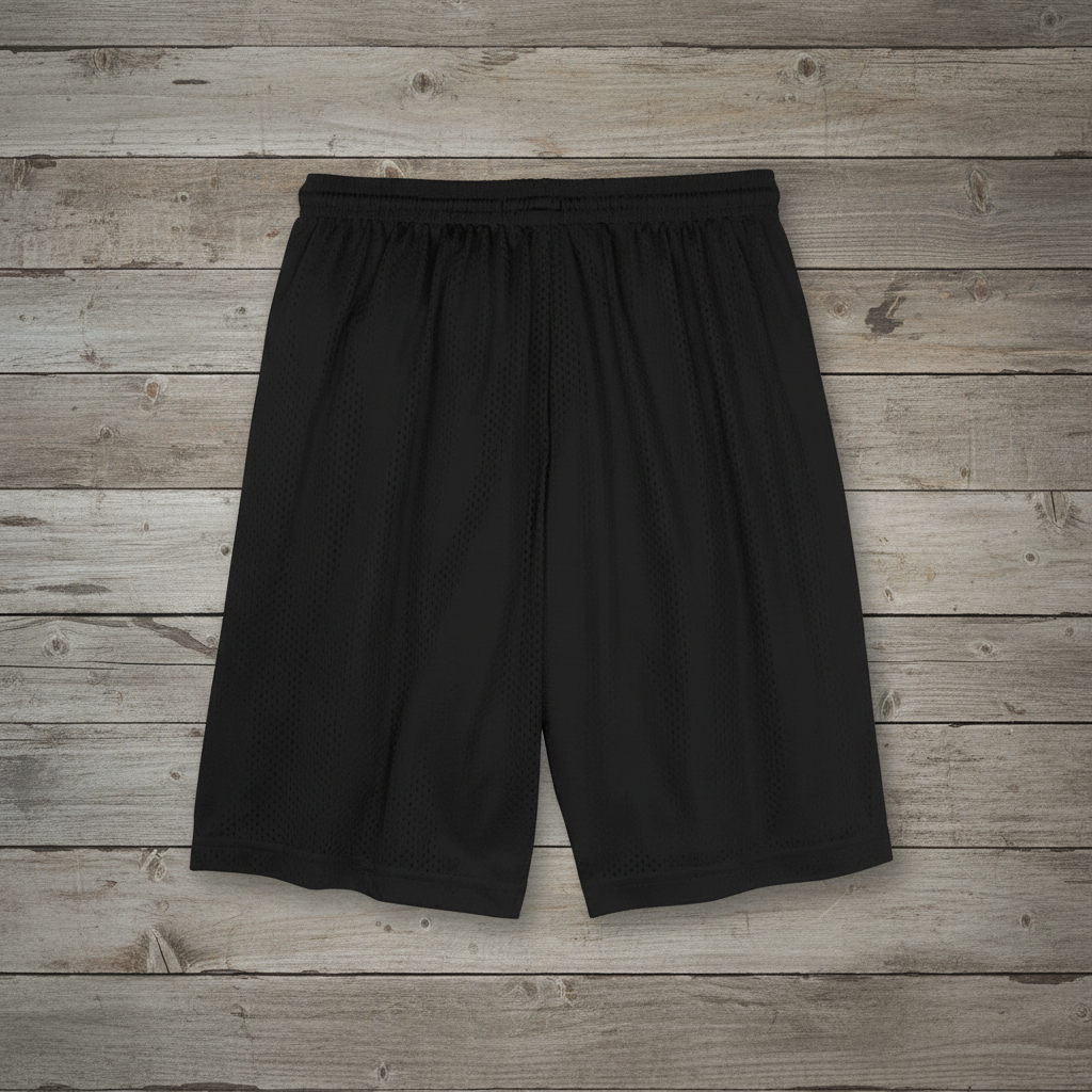 Black athletic shorts on wooden background