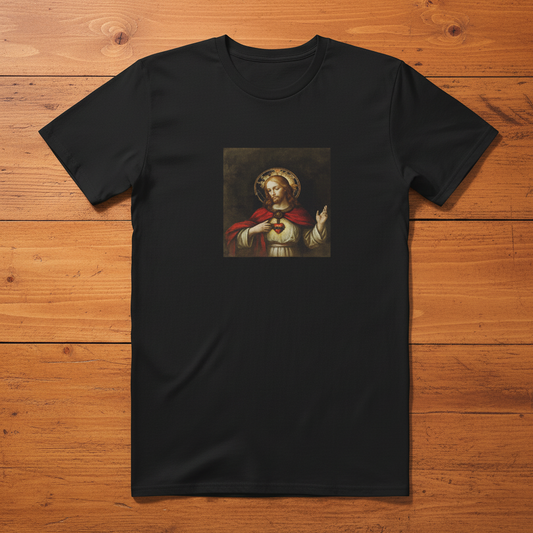Black classic Divine Jesus Sacred Heart tee on warm wooden slats