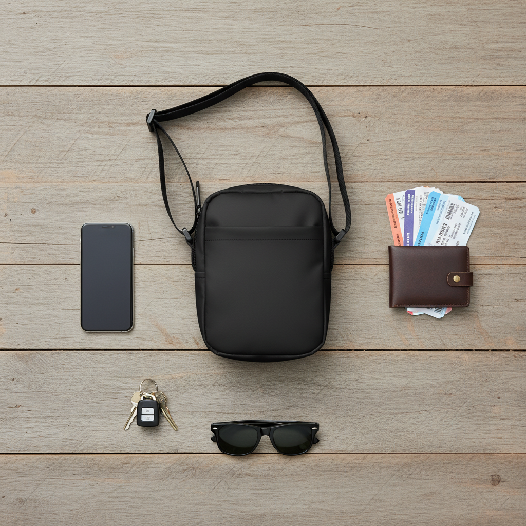 Black crossbody bag with everyday items and tickets on wooden background