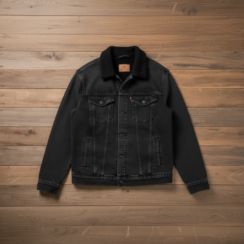 Black denim jacket - larger scale on wooden slats