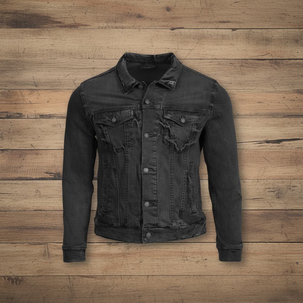 Black denim jacket on wooden background - better proportions