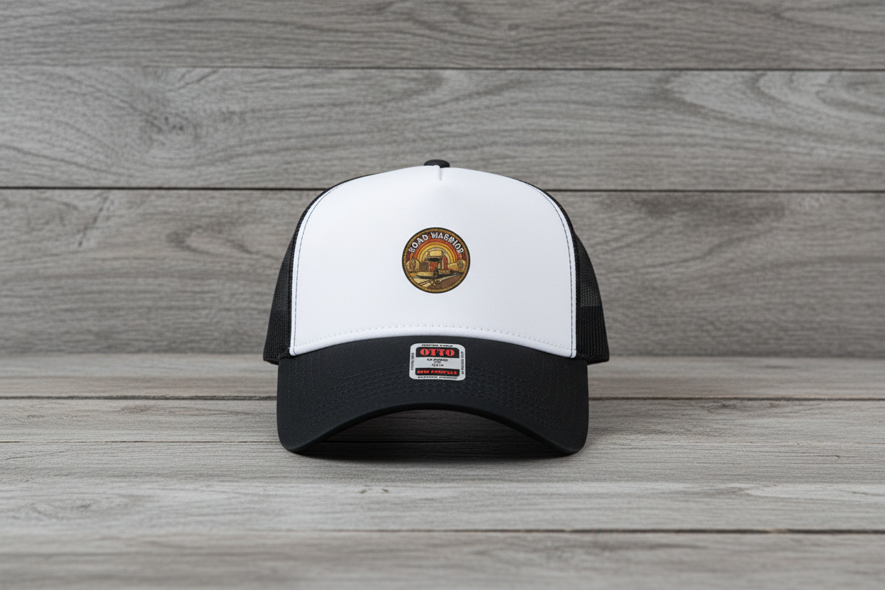 Black Fruitdog trucker hat on distressed wood