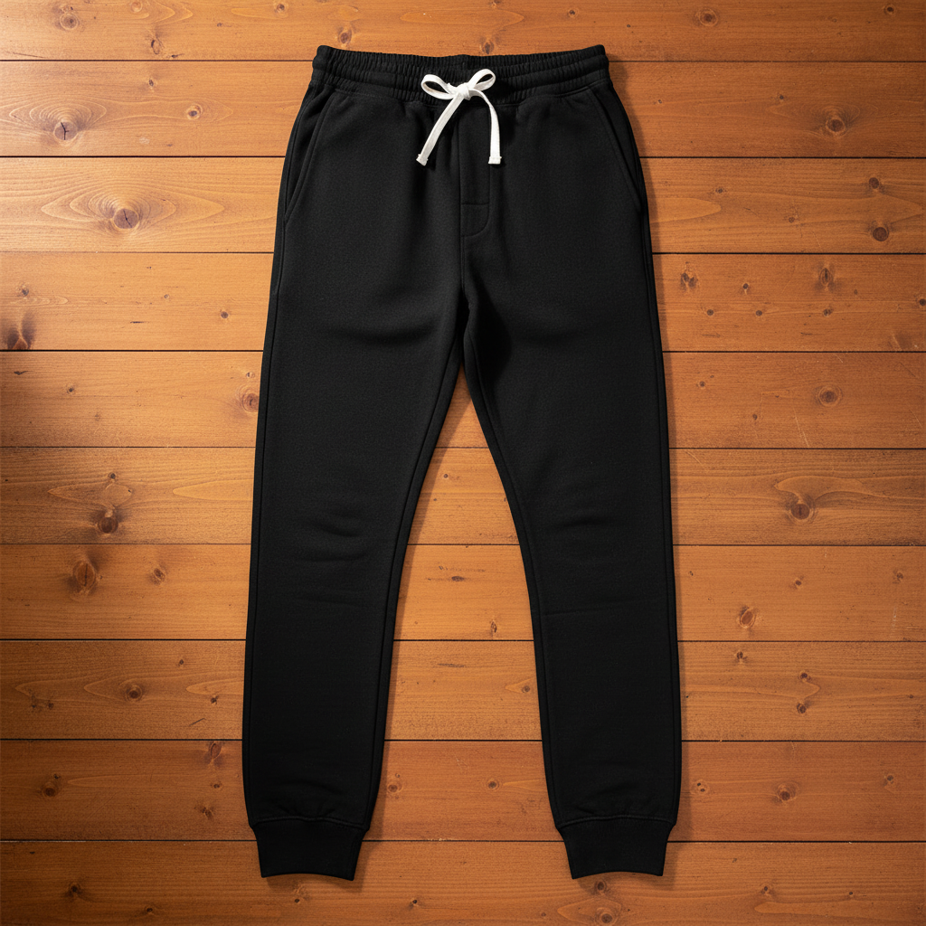 Black joggers on warm wooden slats