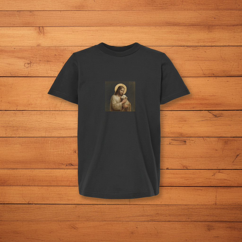 Black kids Jesus and Lamb tee on warm wooden slats