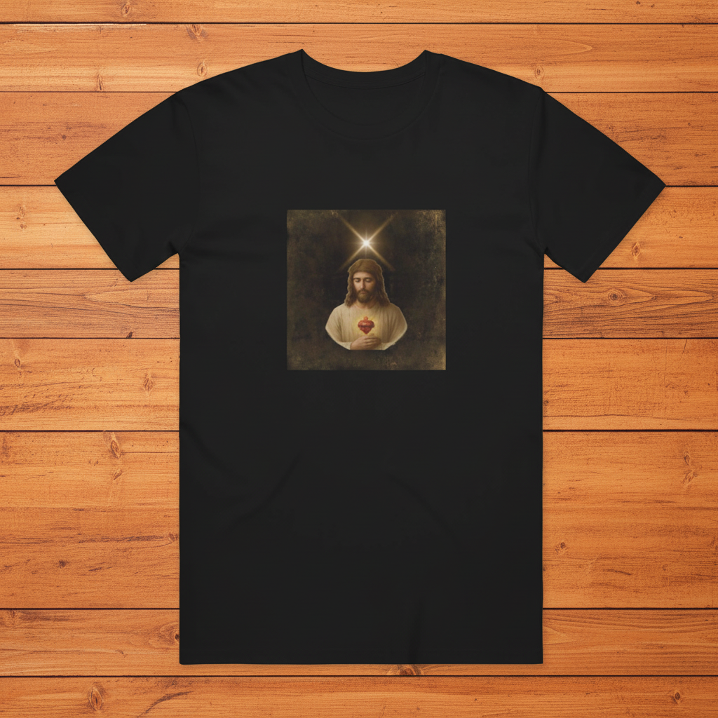 Black Sacred Heart of Jesus tee on warm wooden slats