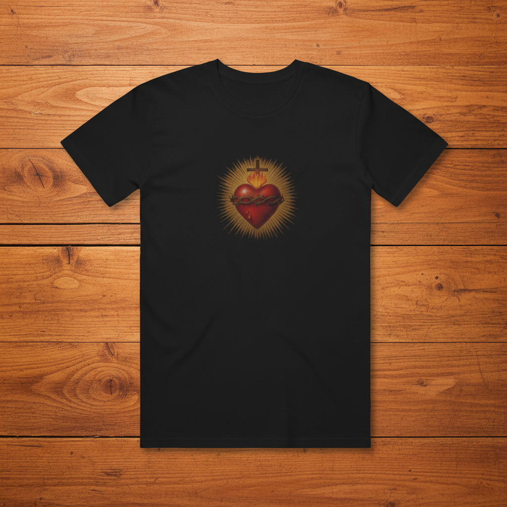 Black Sacred Heart tee on warm wooden slats