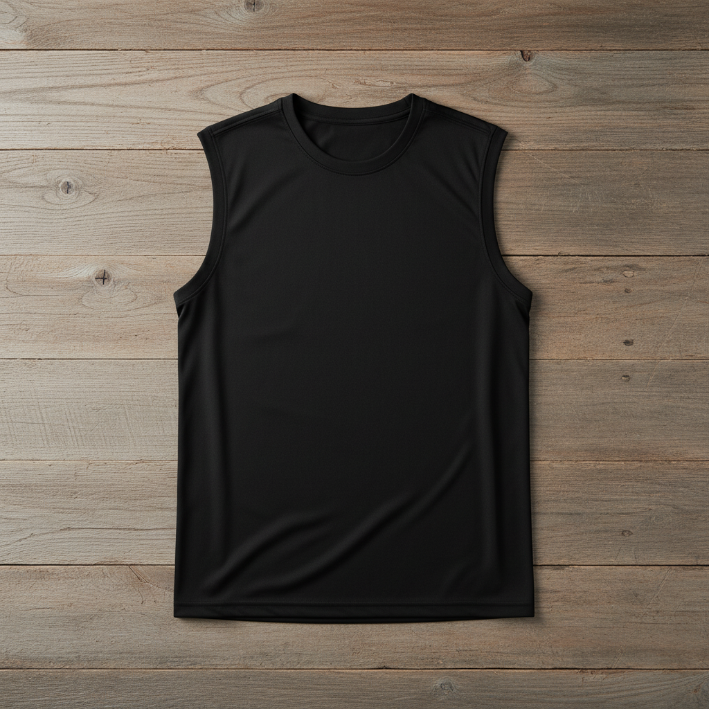Black sleeveless tee on wooden background