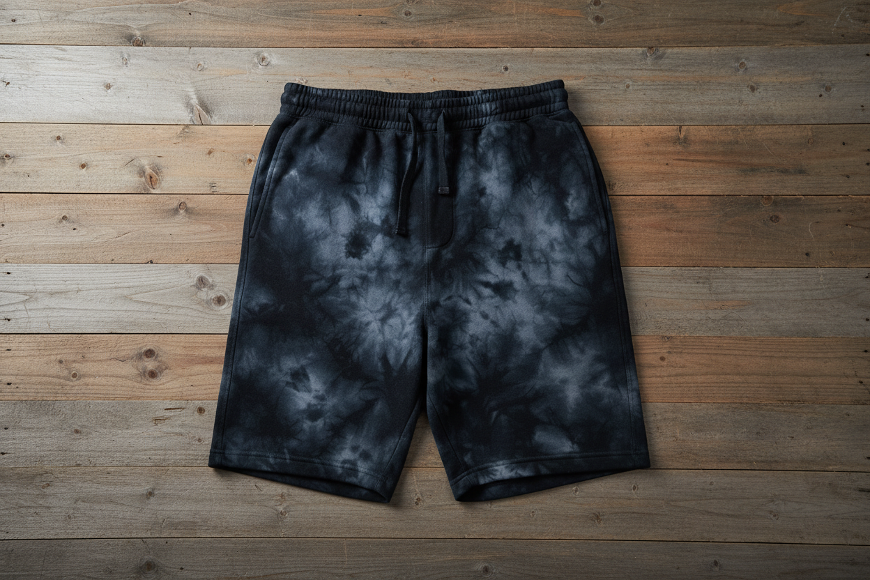 Black tie-dye shorts on wooden background