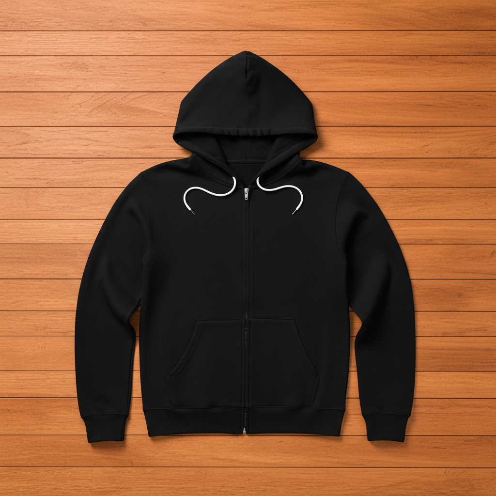 Black zip-up hoodie flat lay